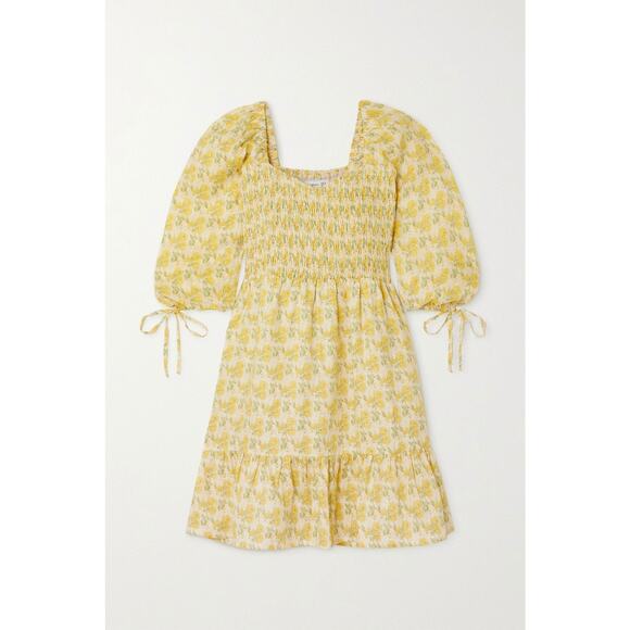 Faithfull The Brand Romina Shirred Floral-print Linen Mini Dress - XS - Yellow